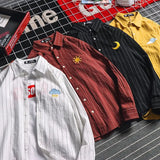 Striped Men's Shirt Long Sleeve Harajuku Japanese Fashion Casual Women Shirts Blouse Autumn Moon Cloud Embroidery