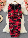Women Floral Draped Bodycon Dress Spring Autumn Square Collar Long Sleeve High Waist Pleated Party Robe Female Casual