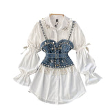 2023 New Blouse Women's Diamond Beaded Puff Sleeve Blusa Top Tassel Pearl Sling Waistcoat Two-piece Sets Stacking