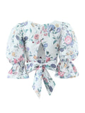 Summer Chic Crop Top Women 2023 New Casual Vintage Cute Slim Square Collar Puff Sleeve Bow Tie Short Blouses