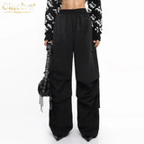 Fashion Loose Black Cargo Pants Women Elegant Elastic Waist Full Length Pants Casual Straight Trousers Female
