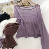 Women Summer Thin Knitting Solid Color O-neck All-match Sun-proof Sexy Flare Sleeve Outerwear Female Tops Simple