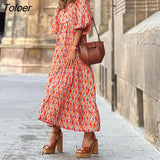 Retro Ethnic Print Dress New Spring Summer Half-sleeve Casual Dress Ladies Sexy V-neck Stitching Pleated Drape Maxi