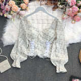 New Spring Sweet All-match square collar Lantern Sleeve Lace lace bandage waist slim short Shirt