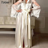 Womens Nightdress Sexy Long Lace Lingerie Nightwear Bath Robe Gown Imitation Ice Silk Nightdress Solid Color