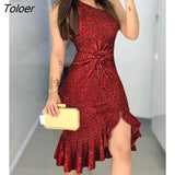 Women Spring Autumn Elegant Ruched Slit Glitter One Shoulder Sleeveless Twisted Ruffled Midi Bodycon Dress Party