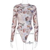 Sexy Bodysuit Autumn Winter 2020 Long Sleeve Vintage Print Y2k Clothing Women's Fashion Streetwear Outfits High Leg