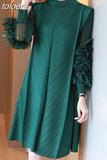 Appliques Dress For Female Half High Collar Puff Sleeve Straight Loose Waist Fold Pleated Dresses Women 2023 Spring