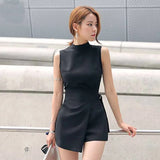 new Korean fashion slim slimming Office lady Rompers Irregular women's belt black short jumpsuit Solid Skinny