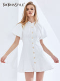 Metal Button Patchwork White Dress For Women Round Neck Puff Sleeve Casual Mini Dresses Female Fashion New