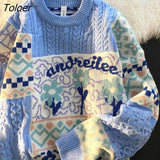 Blue Winter Tops Vintage Flower Sweaters Women Hip Hop Knitted Jumper Streetwear Harajuku Loose Fashion Pullovers
