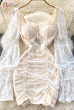 Elegant Women Floral Lace Fairy Dress Sexy Hollow Out Long Flare Sleeve Padded Square Collar Ruched Mini Party Dress