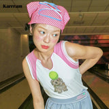 Y2k Aesthetics Tank Tops Japanese Harajuku Kawaii Tops Cute Girls Pink Patchwork Dog Print Tanktop 00s Fashion