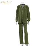 Casual High Wasit Pants Set Women Autumn Long Sleeve Blouses Matching Wide Trousers Suit Green Pleated 2 Piece Pant