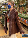 Sweetown Faux Fur Patchwork Suede Jackets Cute Y2K Coats Women Autumn Winter 2021 Brown Vintage Outwear Elegant Fashion