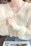 Blouse for Women Sweet Peter Pan Collar Long Sleeve White Shirts Lace Ruffles Chiffon Tops 2023 Blusas Mujer De