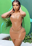 Sexy Strapless Sleeveless Low Waist Solid PU Leather Hollow Out Skinny MiniTwo Piece Skirt