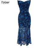 Women Evening Dress Vintage Sexy Mesh Sheer Floral Strap Hollow Bandage Slim Midi Party Club Femme Mujer Vestido