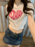 Tshirts Women Letter Print Knitted Black T Shirt Fashion Summer Casual Tees Korean T-shirt Crop Tops 2023 Ropa Mujer