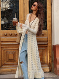 Attitude Babes Personality Style Long Design Knitted Cardigan Women's Hollow Hook Flower Solid Color High