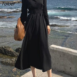 Black Maxi Dress Women Belt 2023 Spring Turn-down Neck Vestido Dress Female Long-sleeve Woman's Clothing