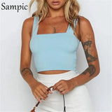 Square Collar White Black Summer Casual Women Crop Tops Short Vest Club Outfits Strap Off Shoulder Tank Tops Camis