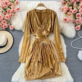 Autumn Vintage Gold/Black Satin Draped Dress Women Elegant V-Neck Long Sleeve High Waist Irregular Robe Female Vestidos 2021