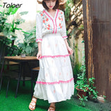 Embroidery Vacation Elegant Midi Dress Women 2023 Spring Elastic Waist Long Sleeve Cotton Long Dress V Neck Ethnic