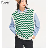 Women Knit Vest 2022 Autumn Sleeveless V Neck Loose Back Slit Strap Sweaters Wavy Green and White Stripes Casual