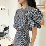 New Summer Women fashion Sexy Plaid Puff short sleeve shirt + Bodycon Long mermaid Skirt Sets 2 Pieces Sets Casual Suit