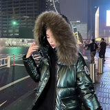 Women Winter Puffer Jacket Chic Big Fur Warm Ultra Light Long Coat Female Parka Hooded Glossy Jackets Oversized Plus