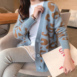 Autumn Winter Knitted Leopard Sweaters Women Korean V Neck Thick Print Cardigan Coat Loose Button Outwear