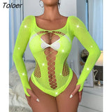 See Through Sparkly Mesh Bodysuit Women Long Sleeve Rhinestone Body Tops Hot Drill Female Party Nightclub Sexy