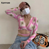 Y2k Aesthetics Crop Tops Korean Fashion Irregular V-neck T-shirts Grunge Fairycore Bandage Tops Chic Designer