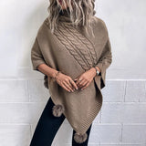 Autumn Button Poncho Women Turtleneck Sweater Winter Oversized Jumper Knitwear Holiday Vintage Cape Batwing Sleeve