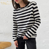 Fashion Blue Stripe Tee Women T-Shirts Winter O-Neck Long Sleeve T Shirt Elegant Loose Knit Sweater Female Clothing