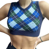 Argyle Plaid Knitted Sweater Vest Women Streetwear Preppy Style Vintage Striped Clothing V Neck Tank Top Y2K
