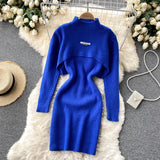 Winter Solid Sexy Sweater Sets Short Half High Collar Knitwear+V Neck Camis Dress Women Warm Knitted Two Pieces