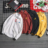 Striped Men's Shirt Long Sleeve Harajuku Japanese Fashion Casual Women Shirts Blouse Autumn Moon Cloud Embroidery