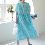 TWOTWINSTYLE Casual Purple Gingham Summer Long Dress Female Round Neck Puff Short Sleeve High Waist Midi Dresses For Women