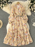 Fashion Summer Maxi Dress Women's Printed Sundress Casual Long Sleeve Vestidos Female High Waist Robe