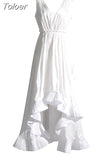 Backless Sleeveless Solid Dresses For Women Deep V Neck High Waist Ruffles Hem Draped Dress Female Summer 2023 Clothing