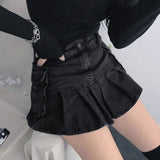 Punk Black Denim Mini Skirt Pleated Women Sexy Grunge High Waisted Pocket Patchwork A-line Jean Skirt E Girl
