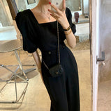 Summer Women Square Collar Puff Sleeve Wide Leg Jumpsuits Korea Vintage Office OL Slim Waist Playsuits Overalls