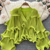 Spring Autumn Women Irregular Ruffle Draped Tops Female Elegant V-Neck Flare Long Sleeve Short Tops Vintage Blouse New