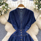 Women's Dress 2025 Summer High-End Deep V-Neck Waist Buckle Body Pressure Folding Casual Denim
