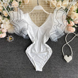 Women Summer Slim Elastic Rompers Korean V Neck Petal Sleeve Jumpsuit Fashion Casual Solid Streetwear
