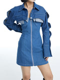 Fashion Women's Coat Slim Lapel Single Breasted Pile Up Sleeves Super Short Blue Denim Jackets Summer 2023 New
