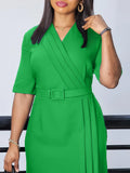 Women's 2025 Summer New Short-Sleeved V-Necked Waist Solid Color OL Tongle Pencil Dress African