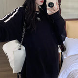 Embroidered Logo Striped Sleeve Sweatshirt-Outfit